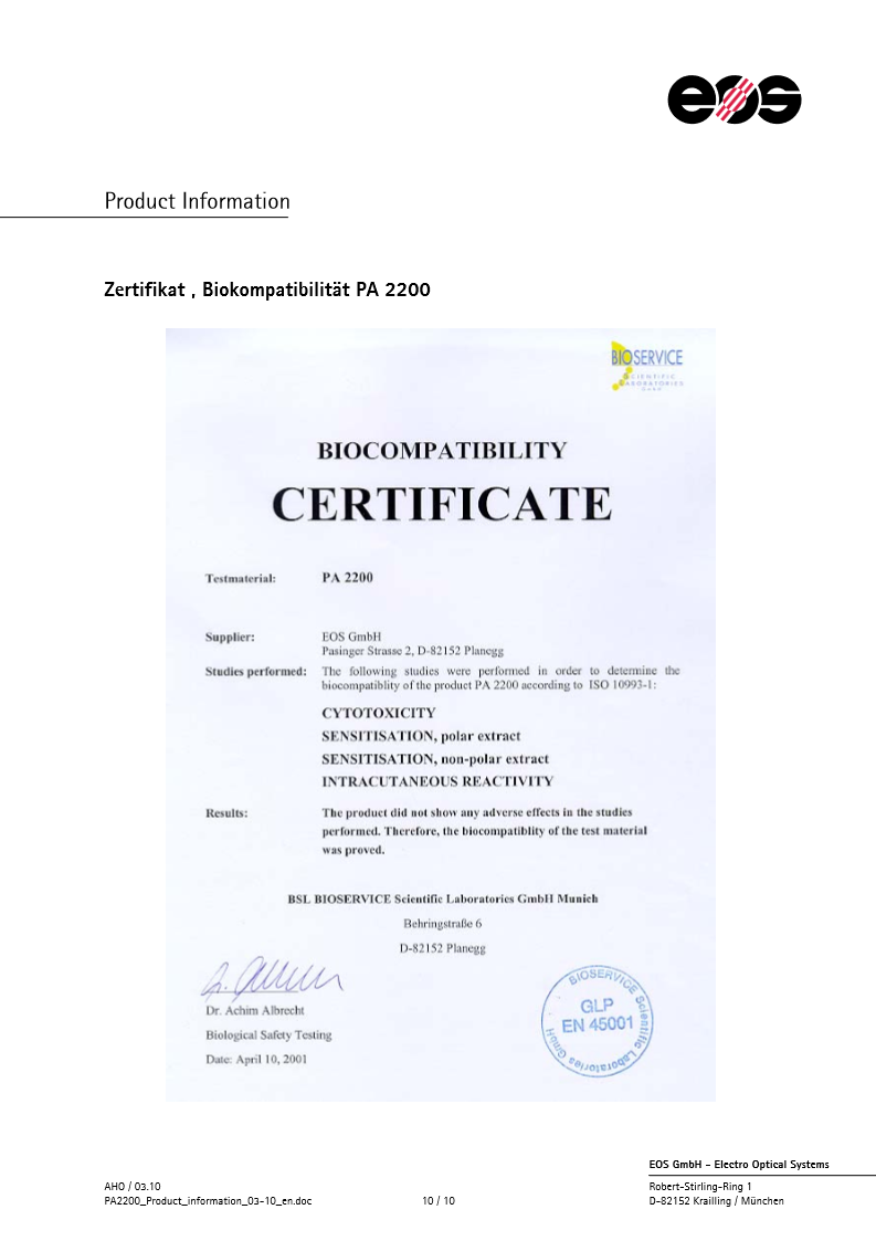 Сертификат PA2200 Bio